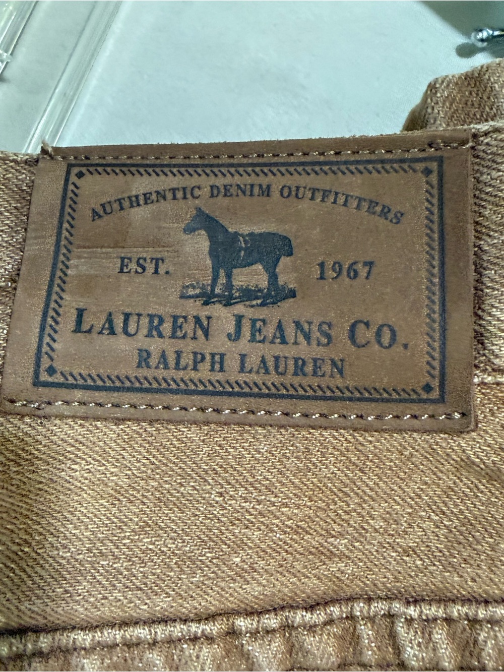 Ralph Lauren Men’s Tan Brown Denim Jeans with Leather Logo Patch
